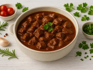 Wildgulasch in kräftiger Soße, serviert in rustikaler Schale auf hellem Holzuntergrund