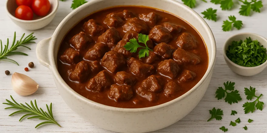 Wildgulasch in kräftiger Soße, serviert in rustikaler Schale auf hellem Holzuntergrund