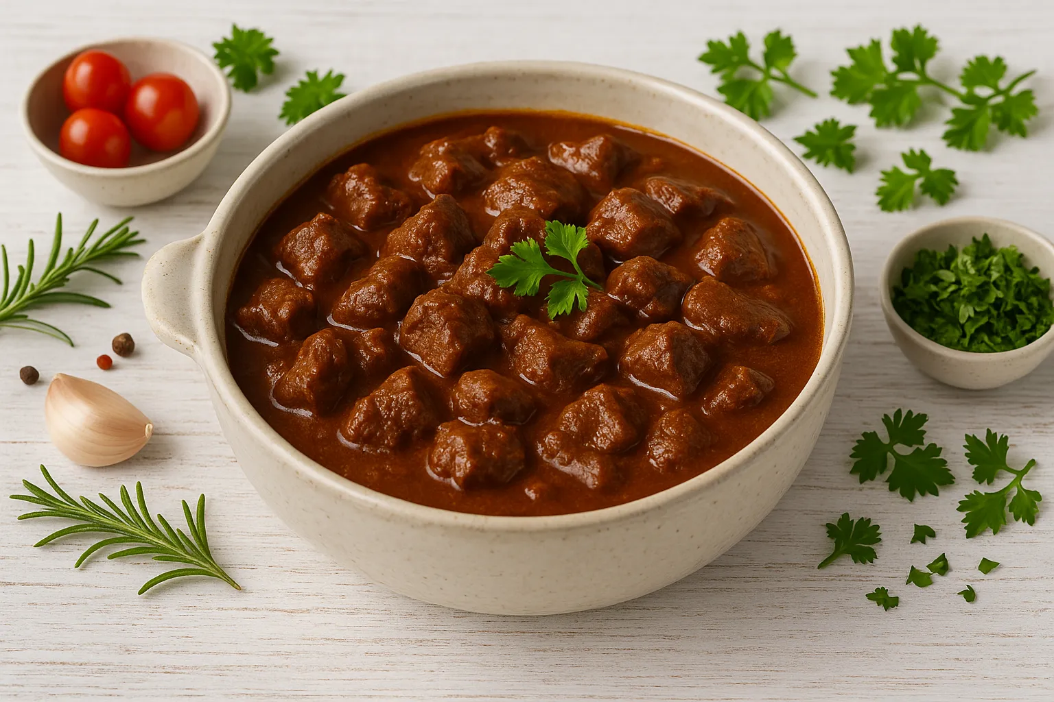 Wildgulasch in kräftiger Soße, serviert in rustikaler Schale auf hellem Holzuntergrund