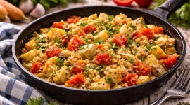 Rührei mit Tomaten, Kartoffeln und Petersilie in einer rustikalen Pfanne auf Holztisch