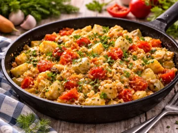 Rührei mit Tomaten, Kartoffeln und Petersilie in einer rustikalen Pfanne auf Holztisch