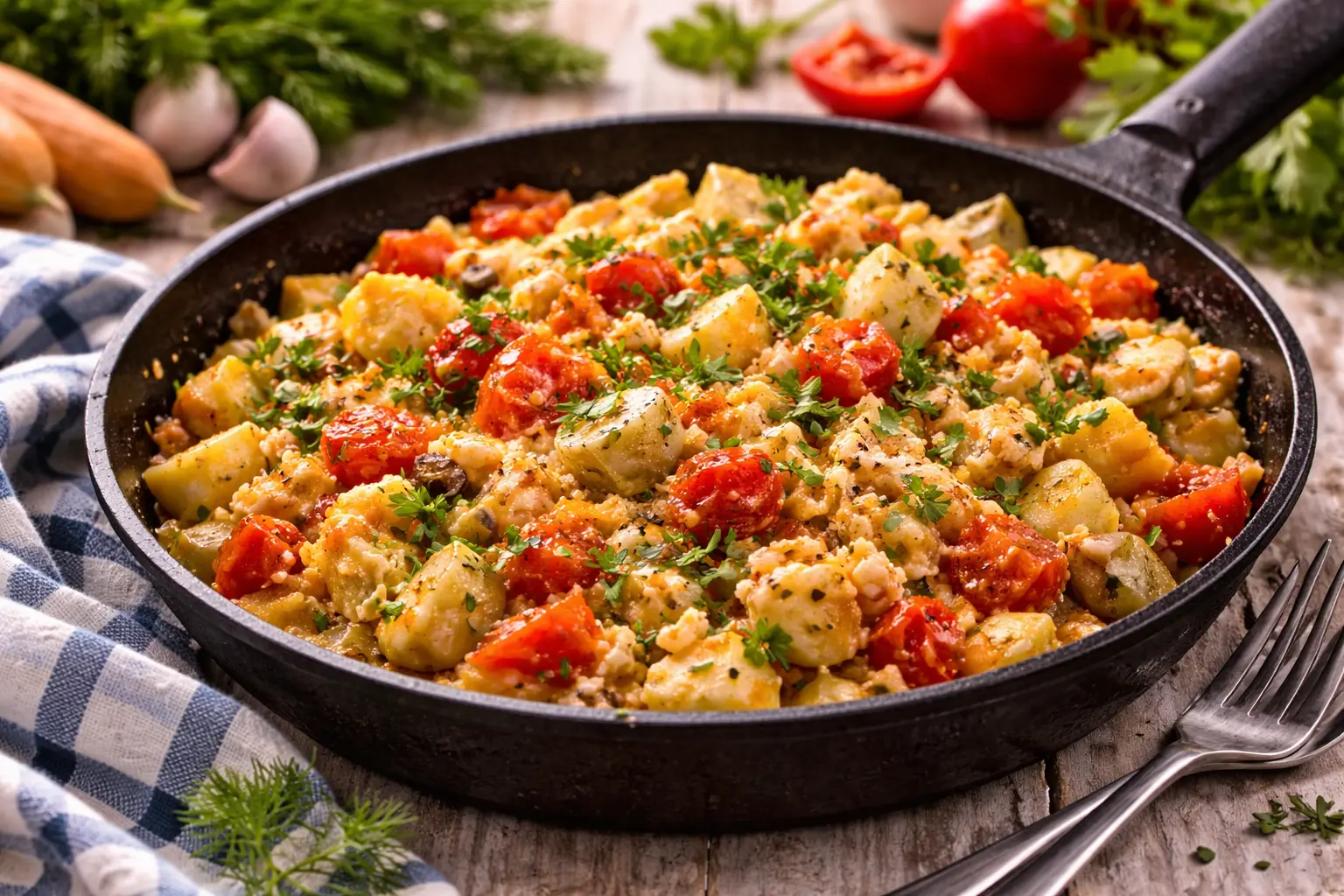 Rührei mit Tomaten, Kartoffeln und Petersilie in einer rustikalen Pfanne auf Holztisch