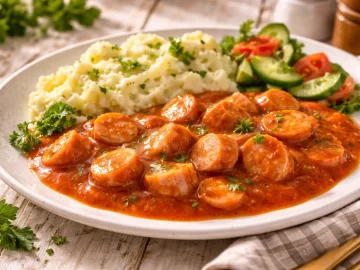 Würstchen in Tomatensoße angerichtet auf einem weißen Teller mit Beilage