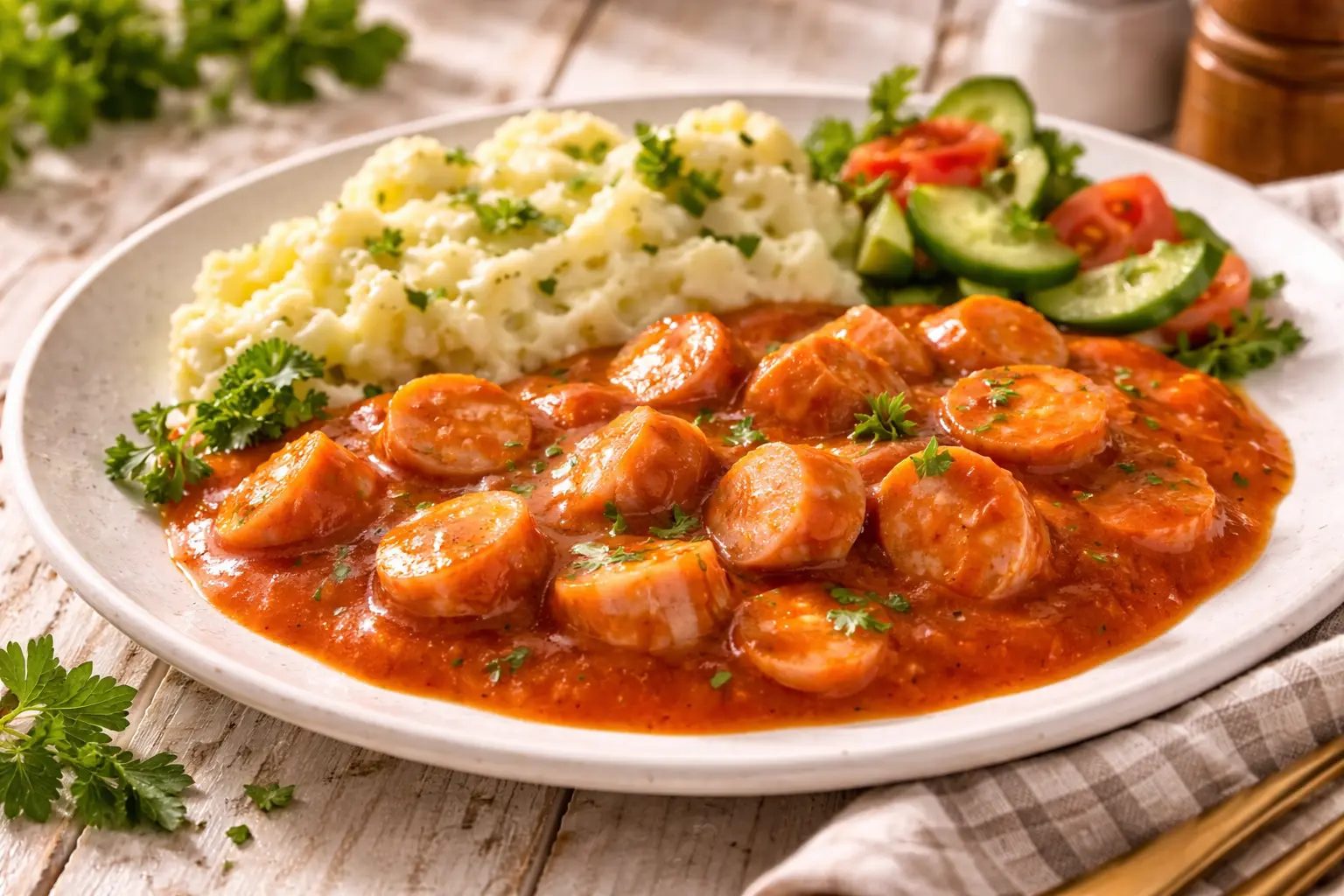 Würstchen in Tomatensoße angerichtet auf einem weißen Teller mit Beilage