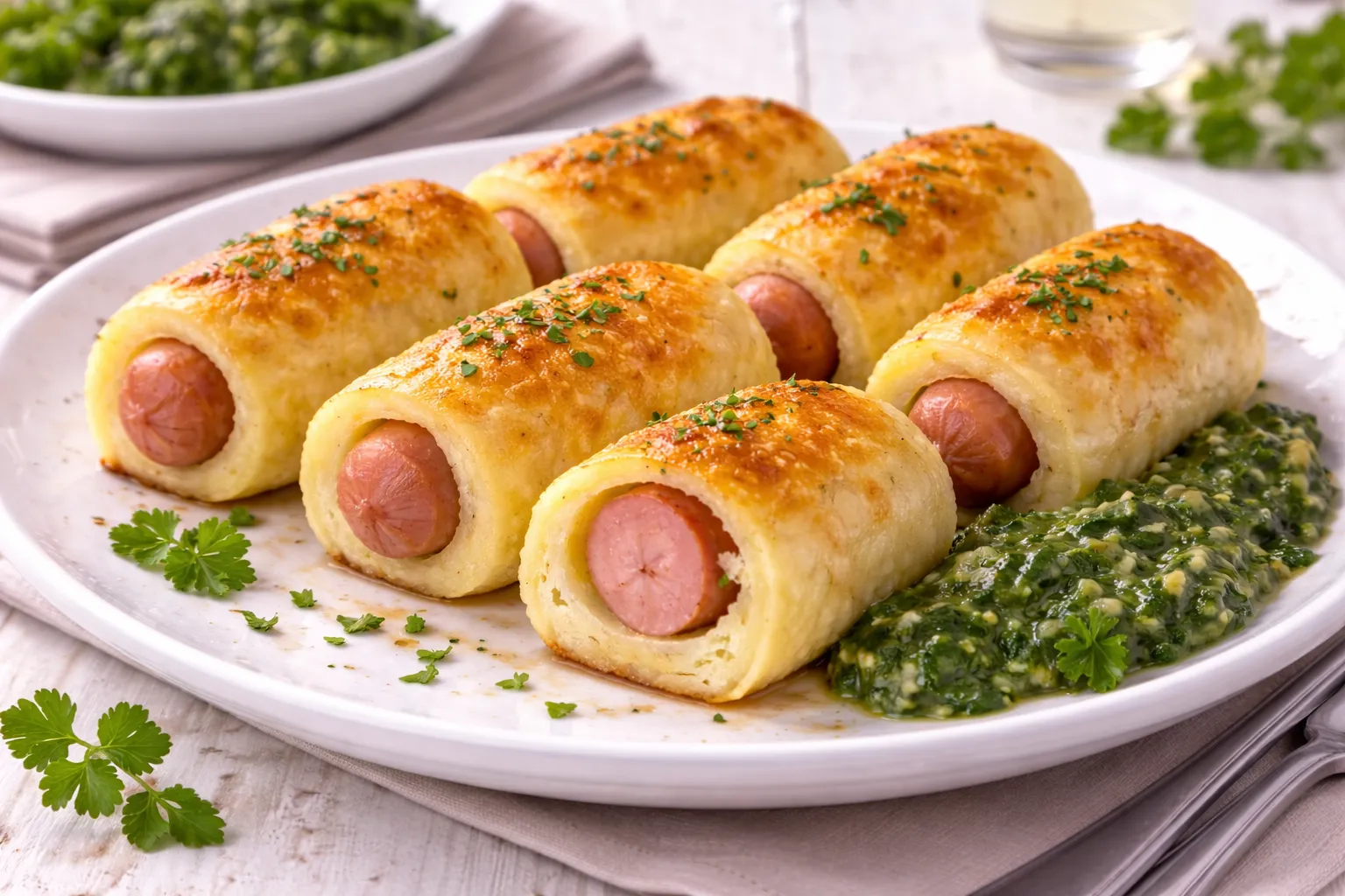 Weiße Servierplatte mit Würstel im Schlafrock, goldgelb gebackene Kartoffelteigrollen mit Würsteln auf weißem Holzhintergrund