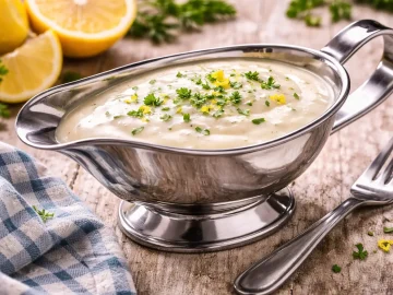 Cremige Zitronen-Sahne-Soße in einer Edelstahl-Sauciere auf hellem Holztisch