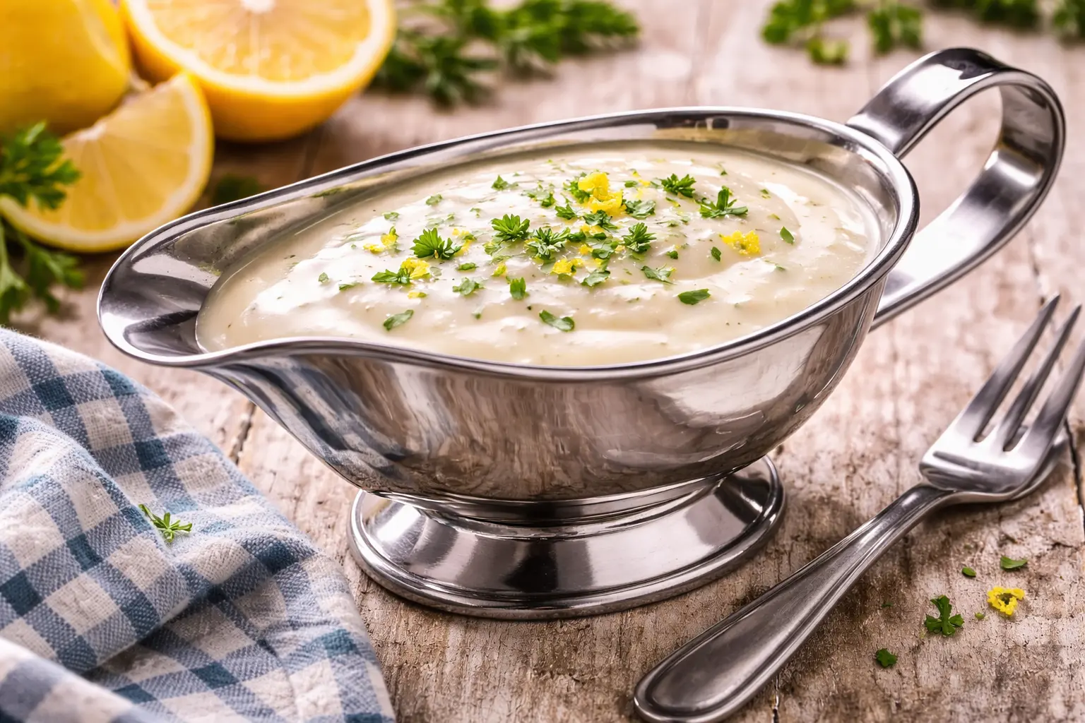 Cremige Zitronen-Sahne-Soße in einer Edelstahl-Sauciere auf hellem Holztisch