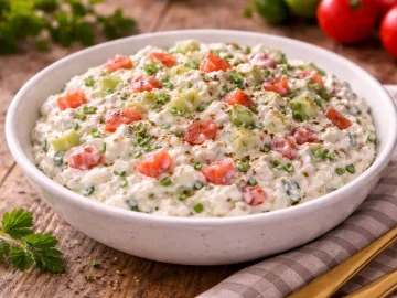 Cremiger Quark mit Tomaten und Gurkenwürfeln in einer Schüssel