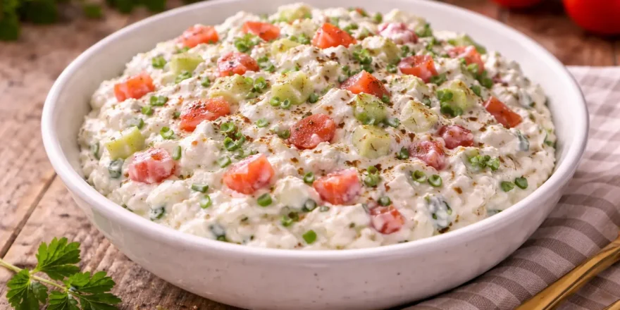 Cremiger Quark mit Tomaten und Gurkenwürfeln in einer Schüssel