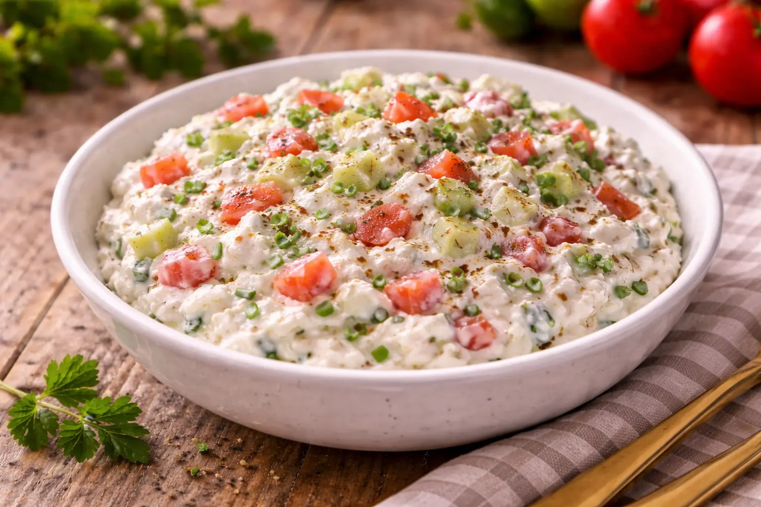Cremiger Quark mit Tomaten und Gurkenwürfeln in einer Schüssel