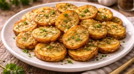 Goldgelb gebackene Kartoffelscheiben mit Knoblauch auf weißem Teller