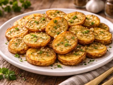 Goldgelb gebackene Kartoffelscheiben mit Knoblauch auf weißem Teller