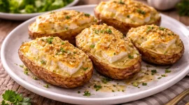 Überbackene Kartoffelhälften mit Käse und Knoblauch auf weißem Teller