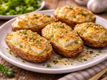 Überbackene Kartoffelhälften mit Käse und Knoblauch auf weißem Teller
