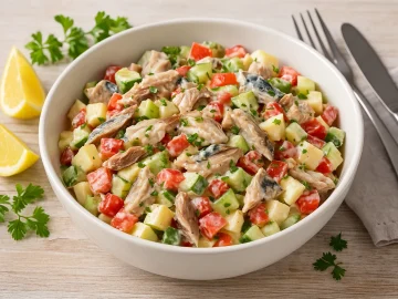 Makrelensalat mit Räuchermakrele, Tomaten, Paprika, Gurken und Äpfeln in weißer Schüssel auf hellem Holztisch mit Besteck und Deko