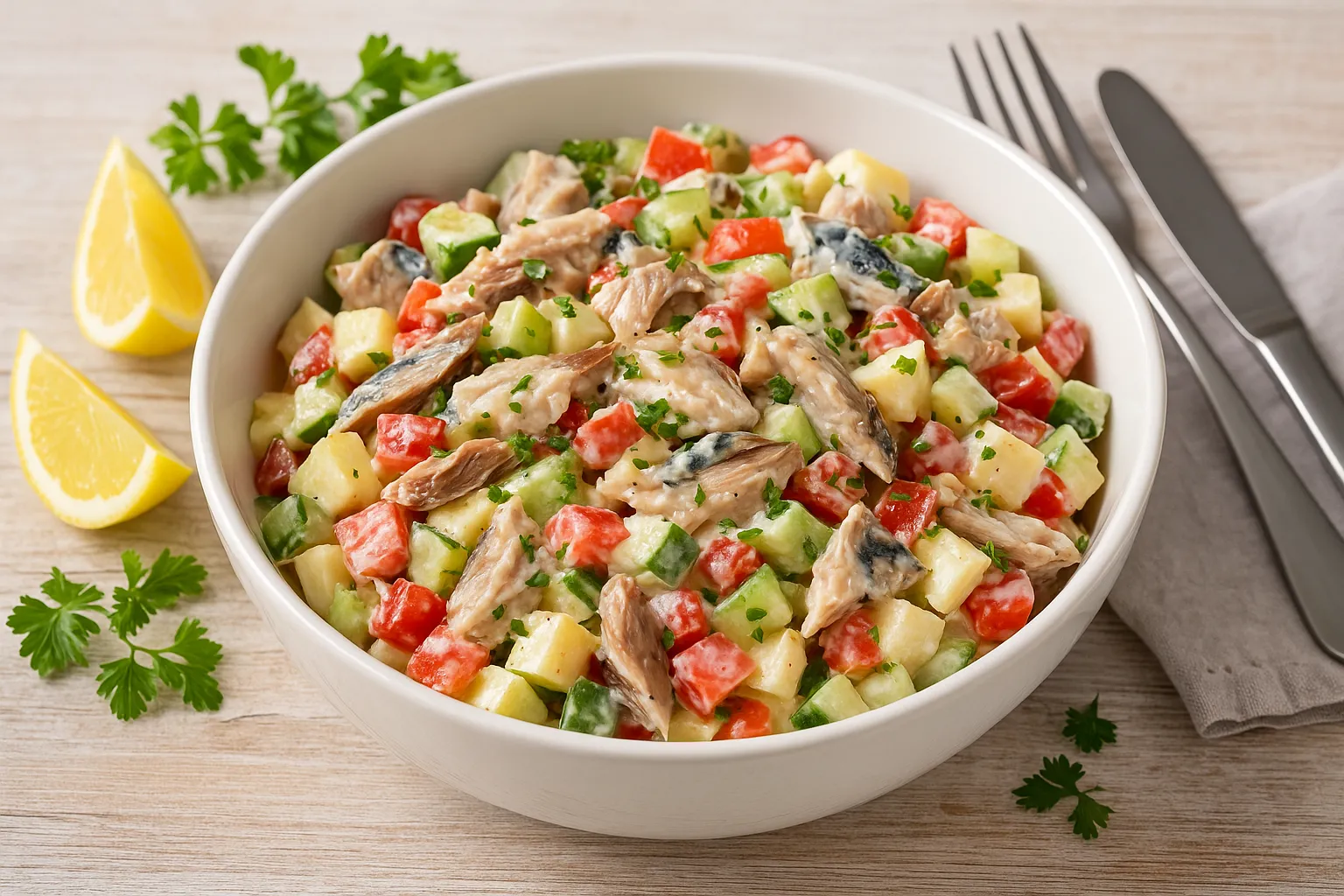 Makrelensalat mit Räuchermakrele, Tomaten, Paprika, Gurken und Äpfeln in weißer Schüssel auf hellem Holztisch mit Besteck und Deko