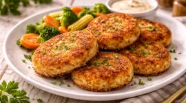 Knusprige panierte Kartoffelbuletten auf weißem Teller angerichtet