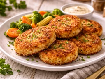 Knusprige panierte Kartoffelbuletten auf weißem Teller angerichtet