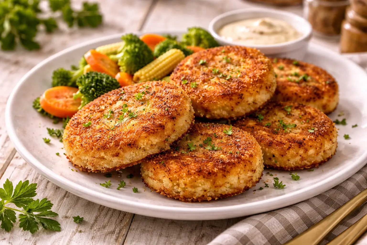 Knusprige panierte Kartoffelbuletten auf weißem Teller angerichtet