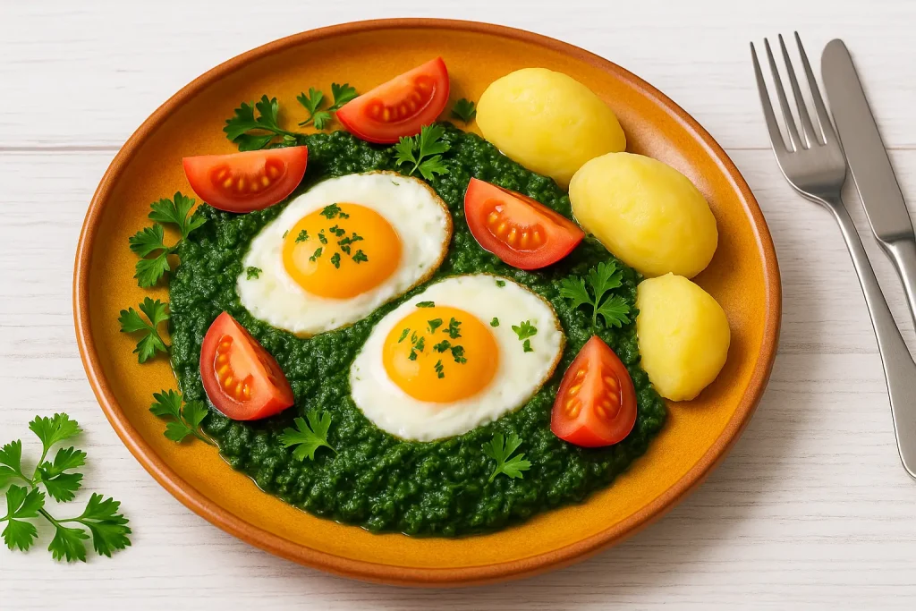  Spinat mit Spiegelei und Tomatenachteln auf orangefarbenem Teller, dekoriert mit Petersilie und Kartoffelbeilage auf weißem Holztisch.