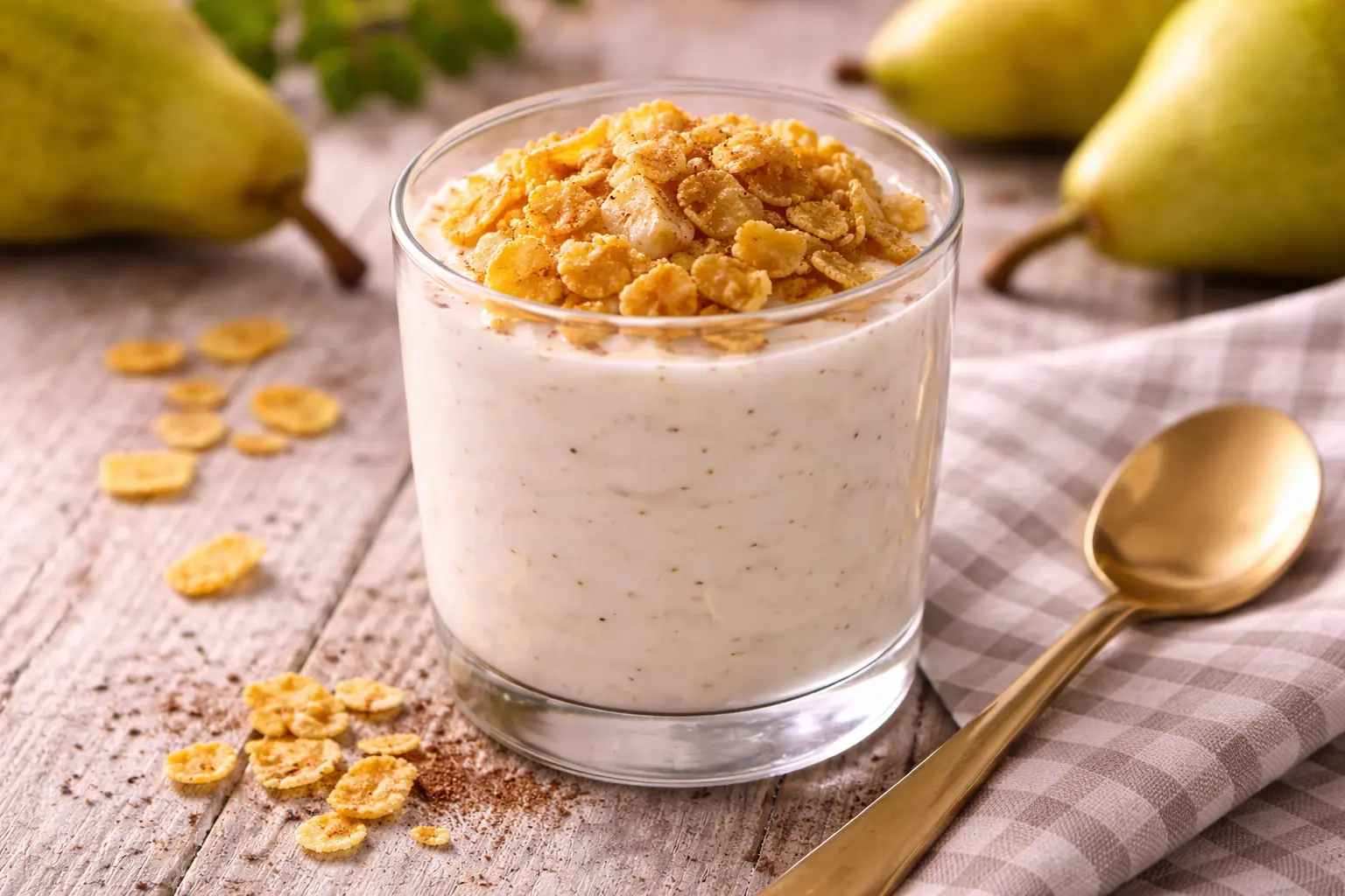 Cremiger Birnenjoghurt im Glas mit Knusperflocken und Zimt