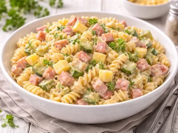 Herzhafter Nudelsalat mit Spirelli, Käsewürfeln, Wurst und Gurke in weißer Schüssel angerichtet