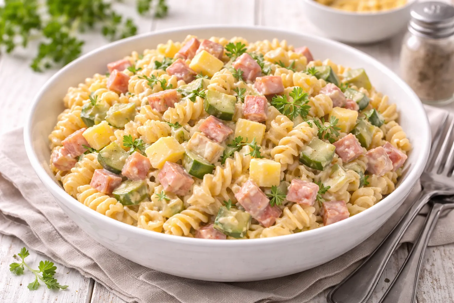 Herzhafter Nudelsalat mit Spirelli, Käsewürfeln, Wurst und Gurke in weißer Schüssel angerichtet