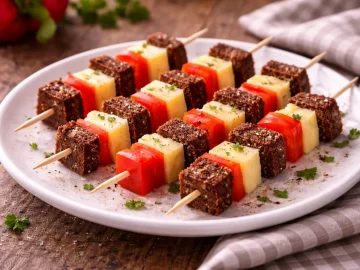 Käse, Paprika und Brot auf kleinen Spießen angerichtet