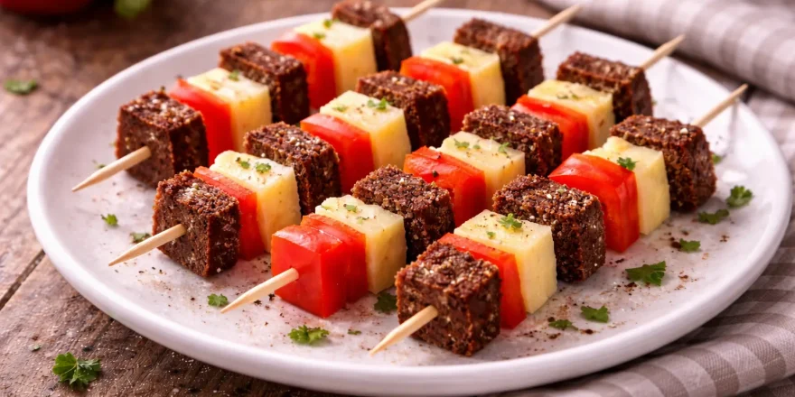 Käse, Paprika und Brot auf kleinen Spießen angerichtet