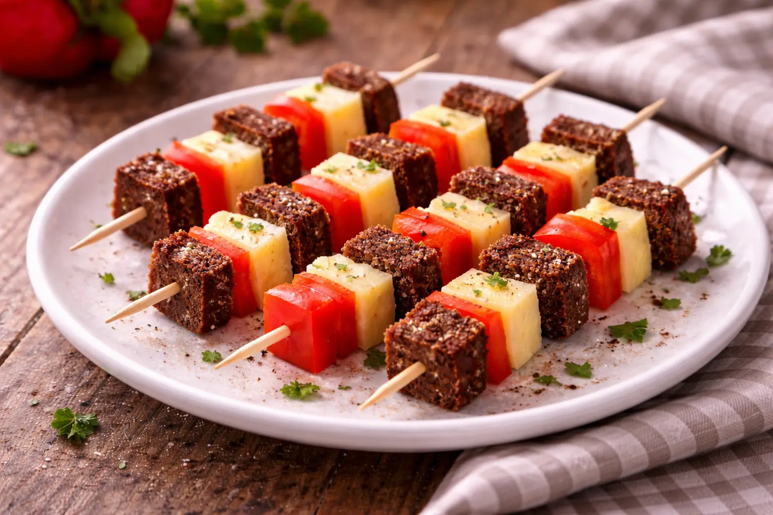 Käse, Paprika und Brot auf kleinen Spießen angerichtet