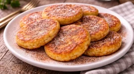 Goldbraune Kartoffelküchel mit Zucker und Zimt auf weißem Teller