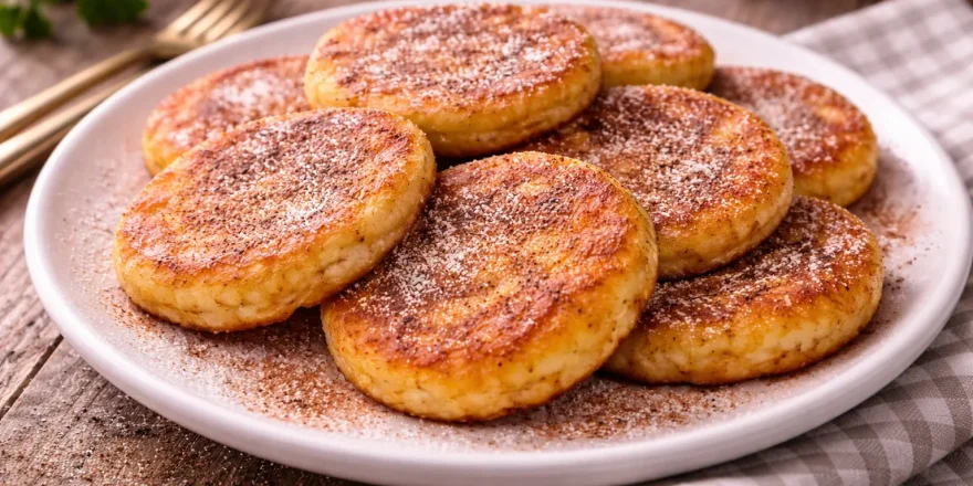 Goldbraune Kartoffelküchel mit Zucker und Zimt auf weißem Teller