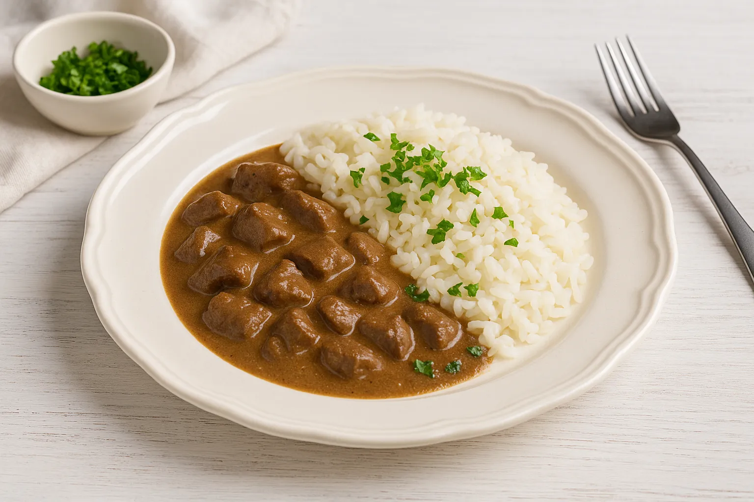 Lebergulasch mit Sauce, Reis und Petersilie auf weißem DDR-Teller mit heller Dekoration