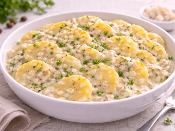 Kartoffelscheiben in cremiger Meerrettichsoße in weißer Schüssel auf hellem Holzhintergrund