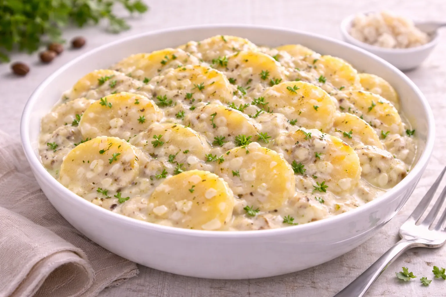 Kartoffelscheiben in cremiger Meerrettichsoße in weißer Schüssel auf hellem Holzhintergrund