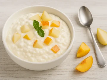 Schale mit cremiger Quarkspeise, Birnen- und Pfirsichstückchen, dekoriert mit Obst und Kräuterblatt, auf hellem Holz mit Besteck.