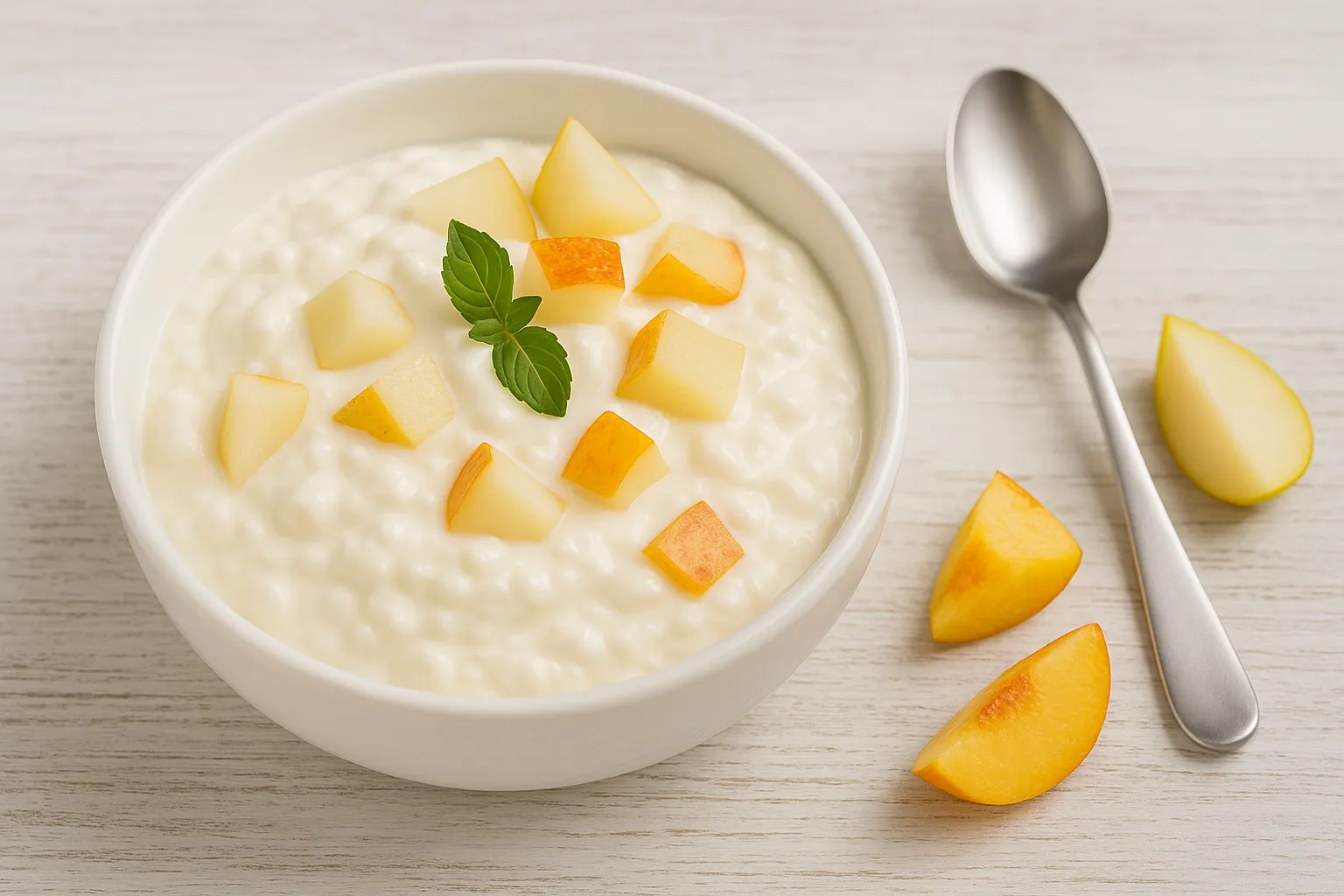 Schale mit cremiger Quarkspeise, Birnen- und Pfirsichstückchen, dekoriert mit Obst und Kräuterblatt, auf hellem Holz mit Besteck.