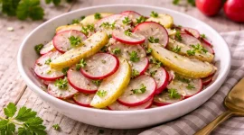Frischer Radieschen-Birnen-Salat mit Petersilie in einer Schüssel