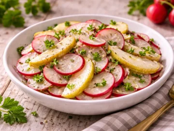Frischer Radieschen-Birnen-Salat mit Petersilie in einer Schüssel