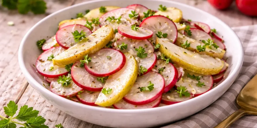 Frischer Radieschen-Birnen-Salat mit Petersilie in einer Schüssel