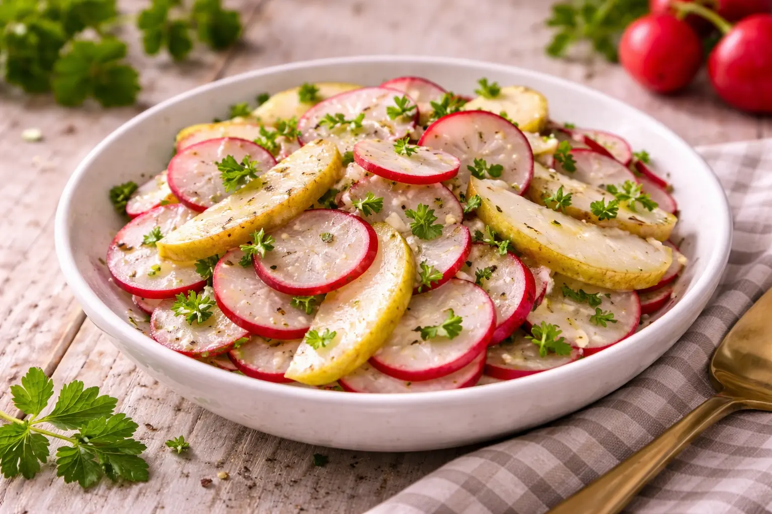 Frischer Radieschen-Birnen-Salat mit Petersilie in einer Schüssel