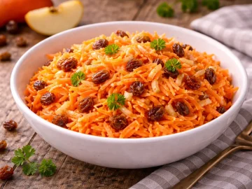 Geriebene Möhren und Äpfel mit Sultaninen in einer Schüssel