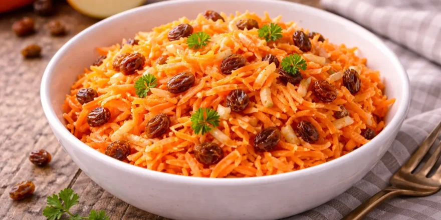 Geriebene Möhren und Äpfel mit Sultaninen in einer Schüssel