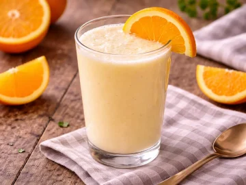 Cremige Apfelsinenmilch im Glas mit Orangenscheiben
