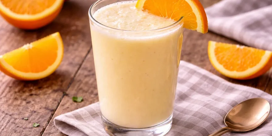 Cremige Apfelsinenmilch im Glas mit Orangenscheiben