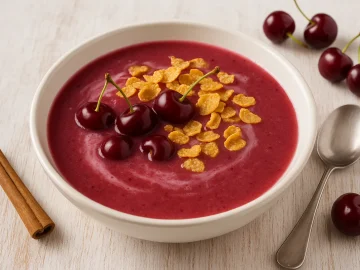 Kirschsuppe mit Buttermilch und Cornflakes in weißer Schüssel, serviert mit frischen Kirschen und Zimtstange auf weißem Holztisch