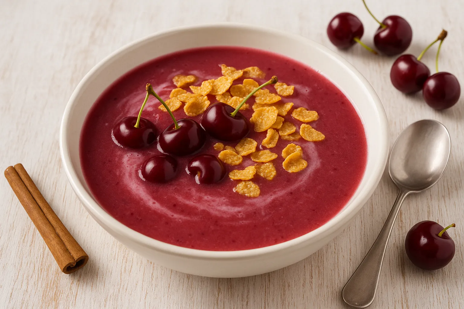 Kirschsuppe mit Buttermilch und Cornflakes in weißer Schüssel, serviert mit frischen Kirschen und Zimtstange auf weißem Holztisch