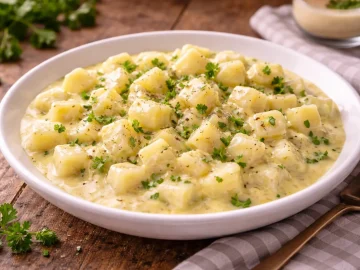 Kohlrabiwürfel in heller Eisoße mit Petersilie in einer Schüssel