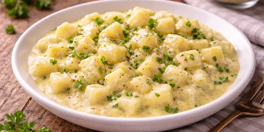 Kohlrabiwürfel in heller Eisoße mit Petersilie in einer Schüssel