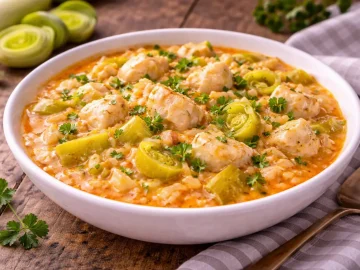 Eintopf mit Porree, Reis und Fisch in einer Schüssel